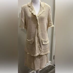 Vtg Escada Margaretha Ley Oatmeal Creme Gold Metallic Fringe Skirt Suit 44